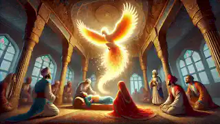 The Simurgh descends to aid Rudabeh, filling the Persian palace with light as Zal looks on.