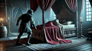 Halvor carefully pulls the bed sheet from under the sleeping King in the dimly lit royal chamber.