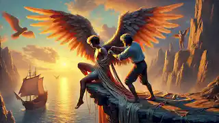 Daedalus fastens wings made of feathers and wax onto an eager Icarus, standing on the cliff's edge at dawn.