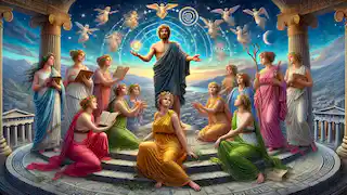 All nine Muses surround Lysander at the mountain’s peak, bestowing their divine gifts upon him under a twilight sky.