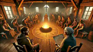 The village council debates the mysterious map in a rustic wooden hall lit by a central firepit, with villagers on edge.