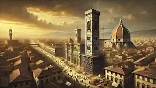 The Bell Tower of Giotto nearing completion as Florence recovers from the Black Death with warm golden sunlight.