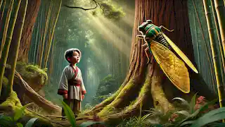 Ming stands before an ancient pine tree in a bamboo forest, discovering the golden cicada shimmering on its trunk.