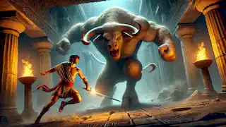 Theseus battling the Minotaur in the heart of the Labyrinth, surrounded by dimly lit stone walls.