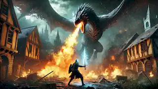 Eadric raises the glowing sword against the massive Wyvern as fire engulfs the ruined village around them