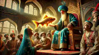 Ali presenting the golden fish to the Sultan in a grand court with intricate Persian architecture and amazed courtiers.