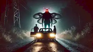 A car drives through the dark roads of the TNT area as the Mothman stands in the headlights with glowing red eyes.