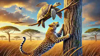 Bird carrying the Tortoise to the top of a tall tree while the Leopard struggles to climb