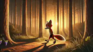 Felix walking through the forest at sunset, reflecting on his failed attempts to get the grapes.