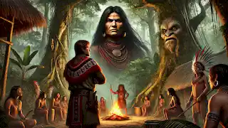 Anahi stands defiantly before Jurupari, challenging his teachings amid the dense Amazon jungle.