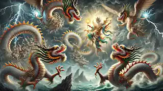 Celestial soldiers capture the four dragons in divine chains, the sky dark and stormy above them.