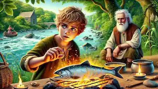 Young Fionn mac Cumhaill cooking a salmon over a fire by the River Boyne, accidentally gaining its wisdom.