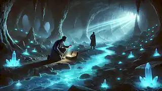  A glowing blue underground river in a vast chamber with strange rock formations and explorers nearby.