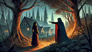 Leona stands at the edge of a forest while the cloaked stranger points toward the woods, twilight casting long shadows.