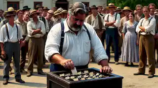  Mr. Summers stirs the papers in the black wooden box as the villagers gather nervously in the background.