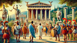 Leonidas and companions arrive at Olympia, with grand marble columns and the Temple of Zeus in the background.