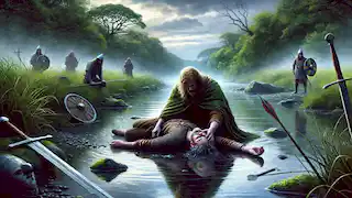 Cú Chulainn mourns over Ferdiad’s body at the River Dee, with their broken weapons nearby and reflective water around them.