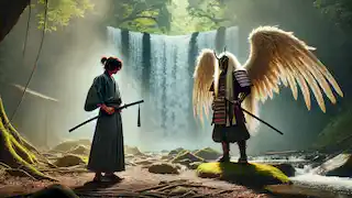 Kenshin and the Tengu, Sōjōbō, face each other in a secluded clearing by a waterfall.