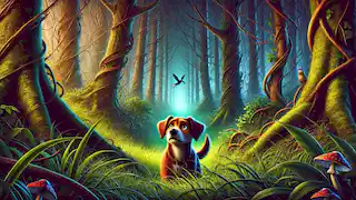 Max looks confused and scared as he stands lost in a dense forest, with a bird flying away into the treetops.