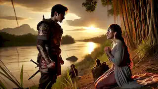 Khun Phaen confronts Nang Wanthong by a riverside, filled with heartbreak after learning of her marriage to Khun Chang.