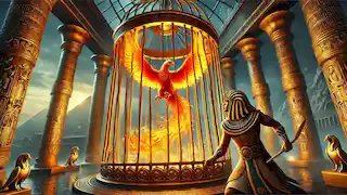 The Phoenix trapped in a grand bronze cage, with Pharaoh Ankhaten approaching it with a golden dagger.