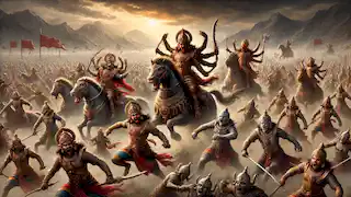 Mahishasura's armies clash with divine forces on a chaotic battlefield, with Durga in the distance on her lion.