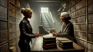 Holly speaks with bookstore owner Evelyn Hargrave in a dim, shadowy shop, surrounded by old books and mystery.