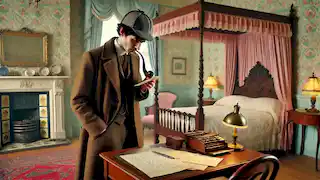 Sherlock Holmes examining a half-written letter on a desk in a neat, feminine bedroom.