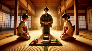 The Tanaka family offering rice, chopsticks, and radish to the Zashiki-warashi in their living room.