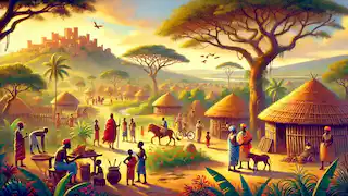 The Kingdom of Tubondo flourishing under Mwindo’s rule, with villagers working and children playing in a peaceful atmosphere.