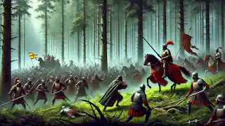 King Alfonso III leads his troops in a dense forest, surprising the Moorish forces during the Battle of Covadonga.