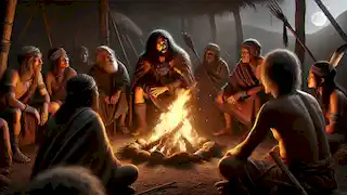 Warrin speaks with the elders around a campfire, their expressions serious as they warn him of the Drop Bear's dangers.