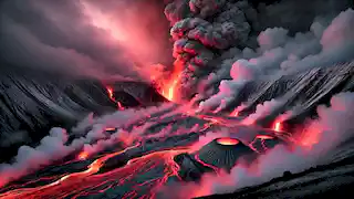 Mount Tarawera erupts, engulfing the Pink and White Terraces with lava, steam rising as volcanic heat consumes the landscape.