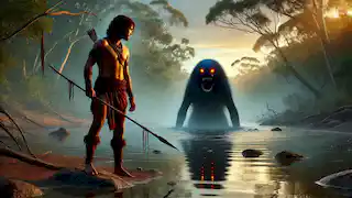 Warrior Naru stands determined at the river’s edge, facing the Bunyip emerging from the water at dawn.