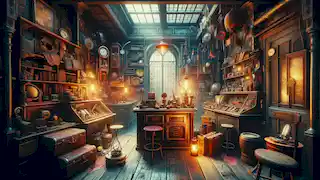 A dimly lit antique shop in a narrow alleyway with various relics on display.