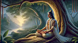 Prince Bhagiratha meditating under a tree, seeking divine intervention for the descent of the Ganges River.