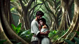 Maria and Juan meet secretly under the shade of ancient Balete trees, embracing each other in sorrow and love.