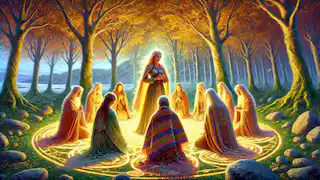 Mairéad kneels before glowing Sídhe council in a golden clearing surrounded by luminous trees, sealing a sacred pact.