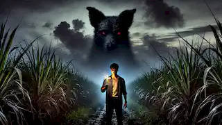 Mateo stands in the dark sugar fields holding a glowing cross, facing a shadowy dog with red eyes.