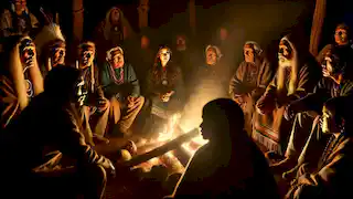 Village elders sit around a fire at night, discussing the signs of the Skinwalker as shadows flicker around them.