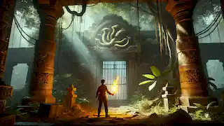 Chang Ling stands before an ancient temple ruin in a jungle, holding a glowing dragon scale for guidance.