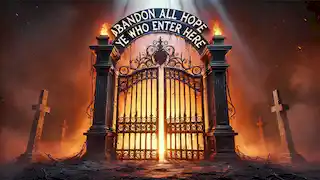 Ominous gates labeled 'Abandon all hope, ye who enter here,' with a fiery, smoky background.