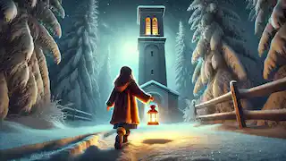  Clara walks through snow holding a lantern, approaching a tall bell tower surrounded by moonlit trees.