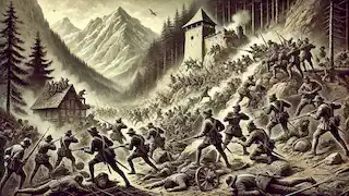 The Battle of Morgarten with Swiss fighters ambushing Habsburg soldiers in a mountain pass.