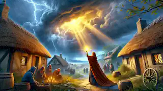 Niamh holds the glowing Heart of Winter aloft as villagers kneel in awe under clearing storm clouds.