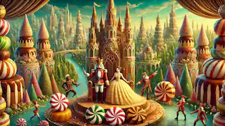 Marie and the Nutcracker Prince in the Kingdom of Sweets, surrounded by candy landscapes and performers celebrating