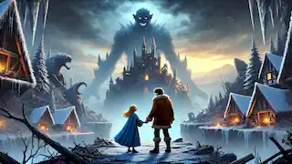 The girl and prince stand outside the crumbling troll queen’s castle as light signals the end of the spell.