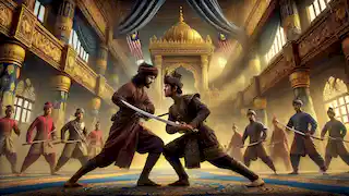 Hang Tuah and Hang Jebat locked in a fierce duel inside the opulent Sultan's palace, surrounded by royal guards.