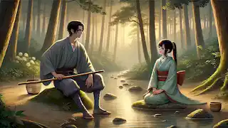 Kage, transformed into a young man, sits by a forest stream with Aiko as the sun sets behind them