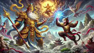 The Jade Emperor battling Sun Wukong, the Monkey King, in a celestial battlefield